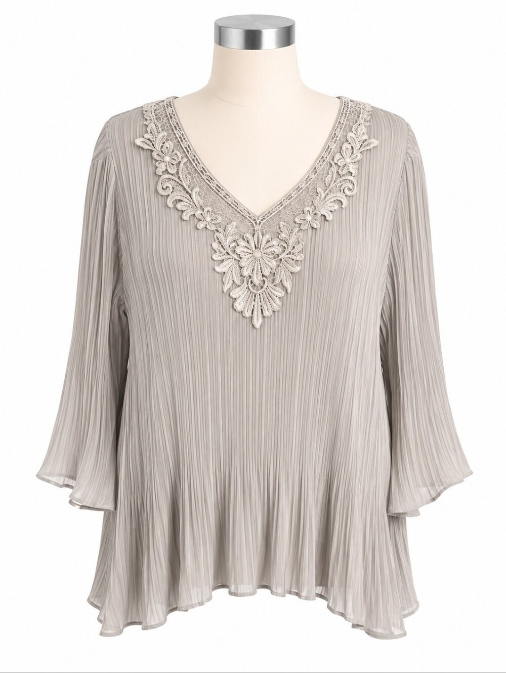 Catherines Pleated V-Neck Top with Lace Applique - Taupe